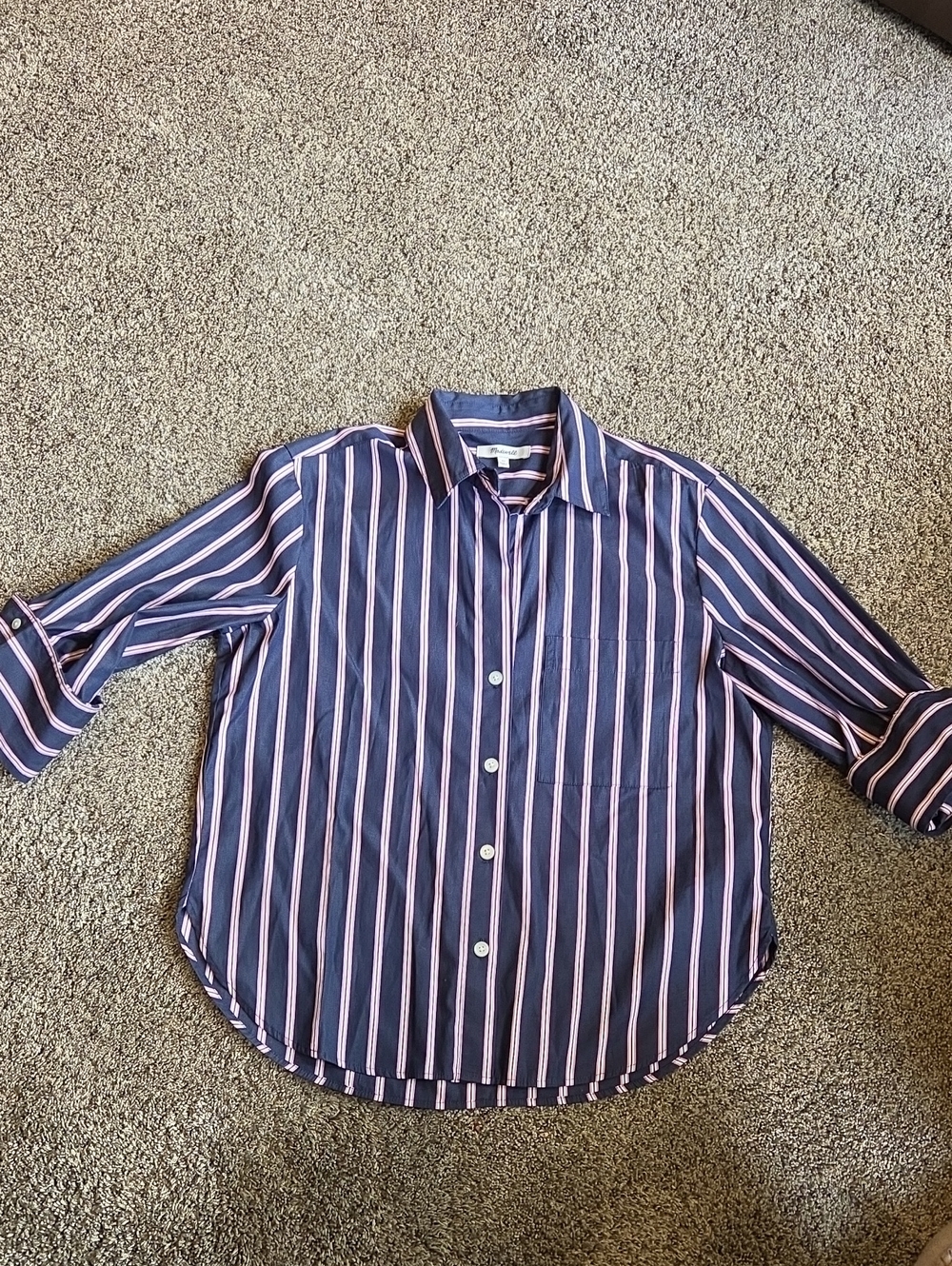 Madewell Navy Blue Shirt with Pink Stripes
